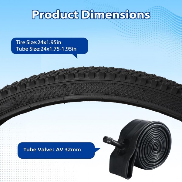 Lukasports 2Pcs Mountain Bike Tires and 2Pcs Tubes Set, 24x1.95 Bike Tire & 1.75-2.125 AV 32mm Inner Tubes, Folding Replacement 24 x 1.95 Bicycle Tire, Puncture-Resistant Bike Tire 24x1.95