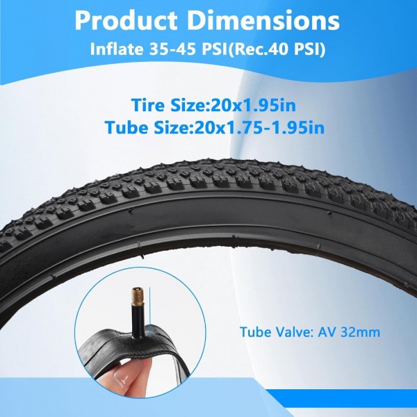 Lukasports 2Pcs Mountain Bike Tires and 2Pcs Tubes Set, 20x1.95 Bike Tire & 1.75-2.125 AV 32mm Inner Tubes, Folding Replacement Tires, Puncture-Resistant 20 x 1.95 Road Mountain Bike Tire