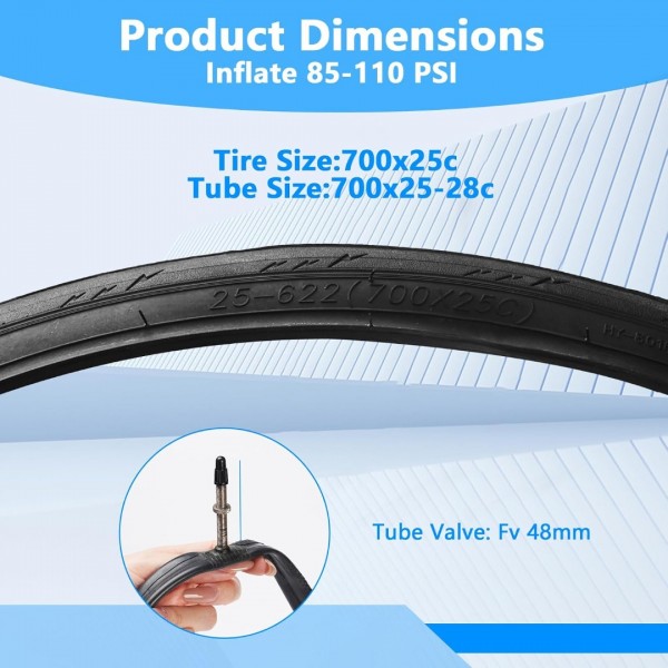 Lukasports 2Pcs 700x25c Tire, Road Bike Tires 700x25c and Inner Tubes, Folding Replacement Tires with 2PCS Tire levers, Tire Liners and Repair Tool, Puncture-Resistant Bicycle Tires for City Road