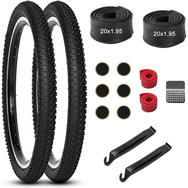 Lukasports 2Pcs Mountain Bike Tires and 2Pcs Tubes Set, 20x1.95 Bike Tire & 1.75-2.125 AV 32mm Inner Tubes, Folding Replacement Tires, Puncture-Resistant 20 x 1.95 Road Mountain Bike Tire