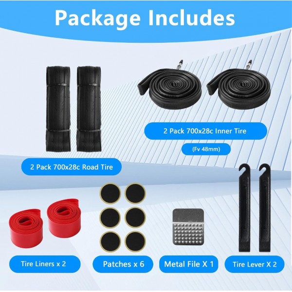 Lukasports 2Pcs 700x28c Tire, Road Bike Tires 700x28c and Inner Tubes, Folding Replacement Tires with 2PCS Tire levers, Tire Liners and Repair Tool, Puncture-Resistant Bicycle Tires  for City Road