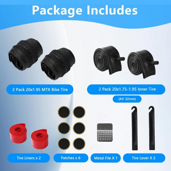 Lukasports 2Pcs Mountain Bike Tires and 2Pcs Tubes Set, 20x1.95 Bike Tire & 1.75-2.125 AV 32mm Inner Tubes, Folding Replacement Tires, Puncture-Resistant 20 x 1.95 Road Mountain Bike Tire