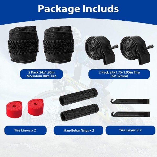 Lukasports 2Pcs Mountain Bike Tires and 2Pcs Tubes Set, 24x1.95 Bike Tire & 1.75-2.125 AV 32mm Inner Tubes, Folding Replacement 24 x 1.95 Bicycle Tire, Puncture-Resistant Bike Tire 24x1.95