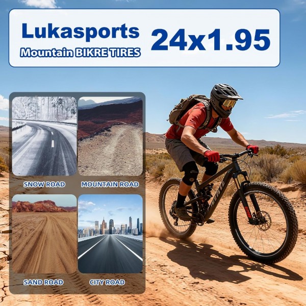 Lukasports 2Pcs Mountain Bike Tires and 2Pcs Tubes Set, 24x1.95 Bike Tire & 1.75-2.125 AV 32mm Inner Tubes, Folding Replacement 24 x 1.95 Bicycle Tire, Puncture-Resistant Bike Tire 24x1.95