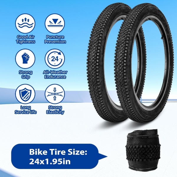 Lukasports 2Pcs Mountain Bike Tires and 2Pcs Tubes Set, 24x1.95 Bike Tire & 1.75-2.125 AV 32mm Inner Tubes, Folding Replacement 24 x 1.95 Bicycle Tire, Puncture-Resistant Bike Tire 24x1.95