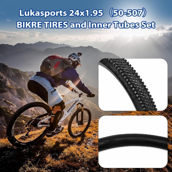 Lukasports 2Pcs Mountain Bike Tires and 2Pcs Tubes Set, 24x1.95 Bike Tire & 1.75-2.125 AV 32mm Inner Tubes, Folding Replacement 24 x 1.95 Bicycle Tire, Puncture-Resistant Bike Tire 24x1.95
