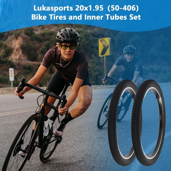 Lukasports 2Pcs Mountain Bike Tires and 2Pcs Tubes Set, 20x1.95 Bike Tire & 1.75-2.125 AV 32mm Inner Tubes, Folding Replacement Tires, Puncture-Resistant 20 x 1.95 Road Mountain Bike Tire